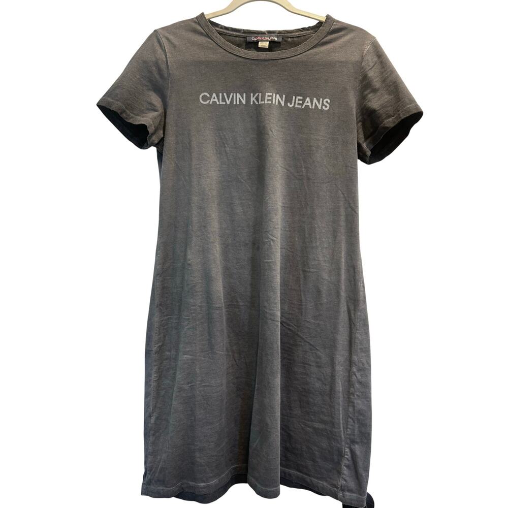 Calvin Klein Jeans T Shirt Dress Gray Logo Short Sleeve Size M